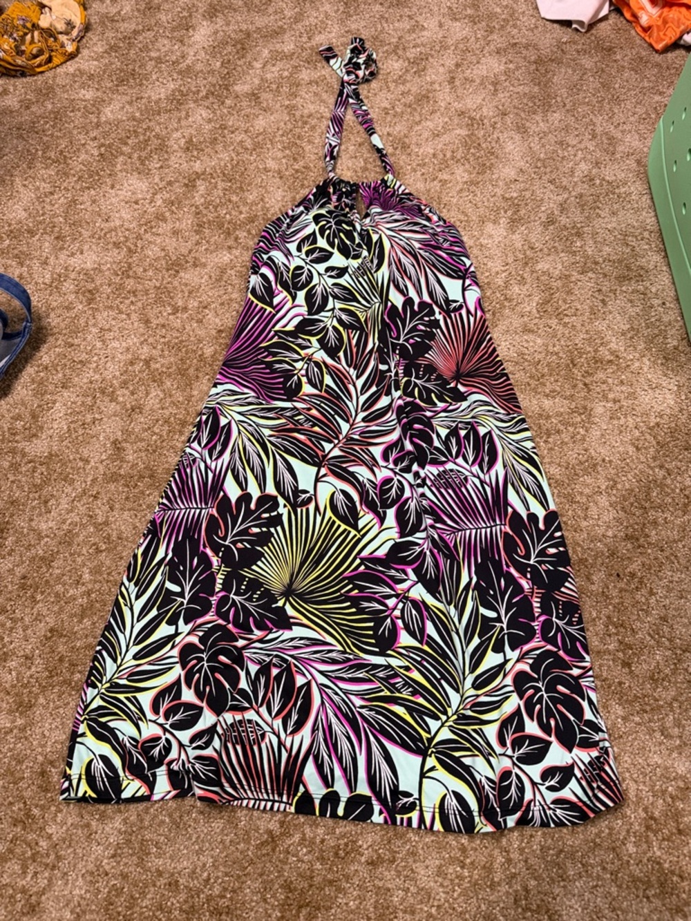 Tommy Bahama Black Maxi Halter Dress with Pink and Yellow Tropical Leaves
